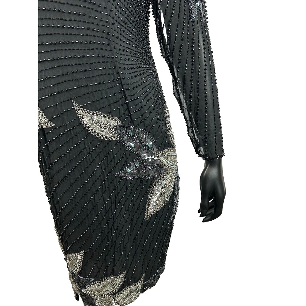 A.J. BARI Silk Beaded Sequins‎ Long Sleeve Fashion Dress Black Women's 6 Flaws - Picture 4 of 10